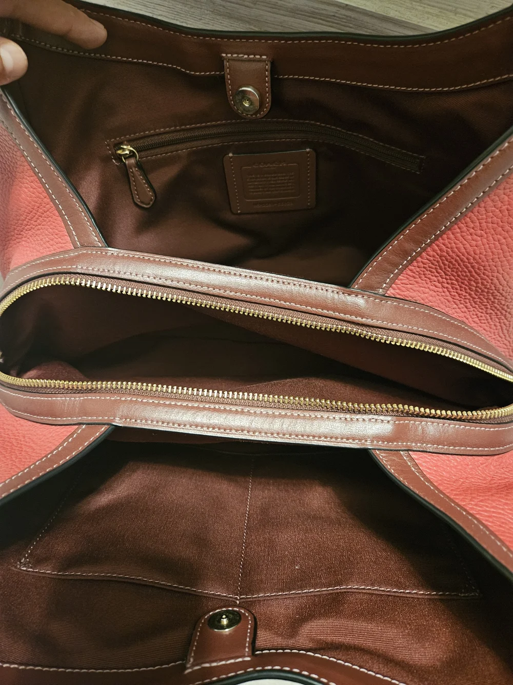 Coach Pebbled Leather Shoulder Bag in Rust with Brown Trim